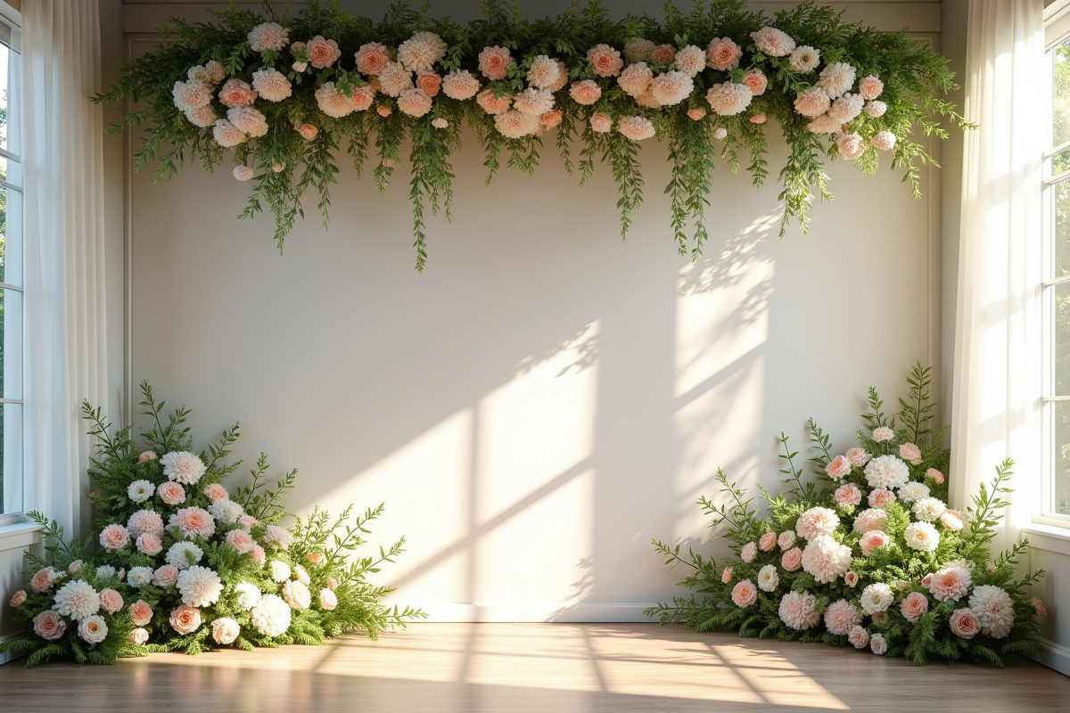 Mur de mariage élégant avec fleurs pastel et draperies blanches