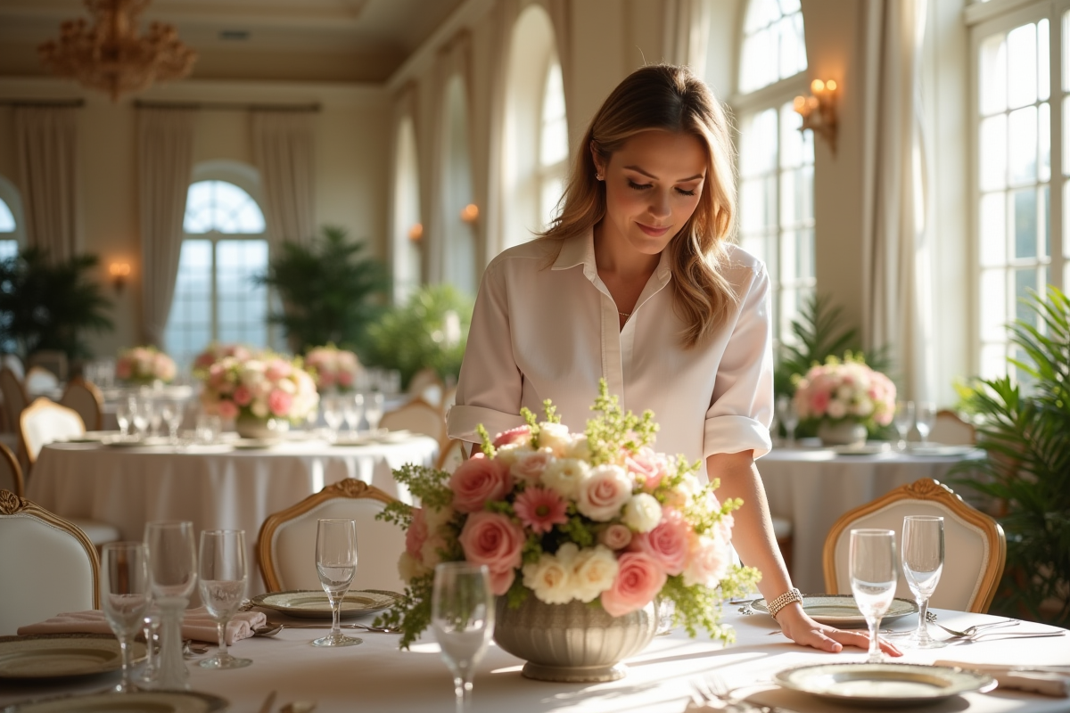 Designer de mariage arrangeant des centres de table floraux