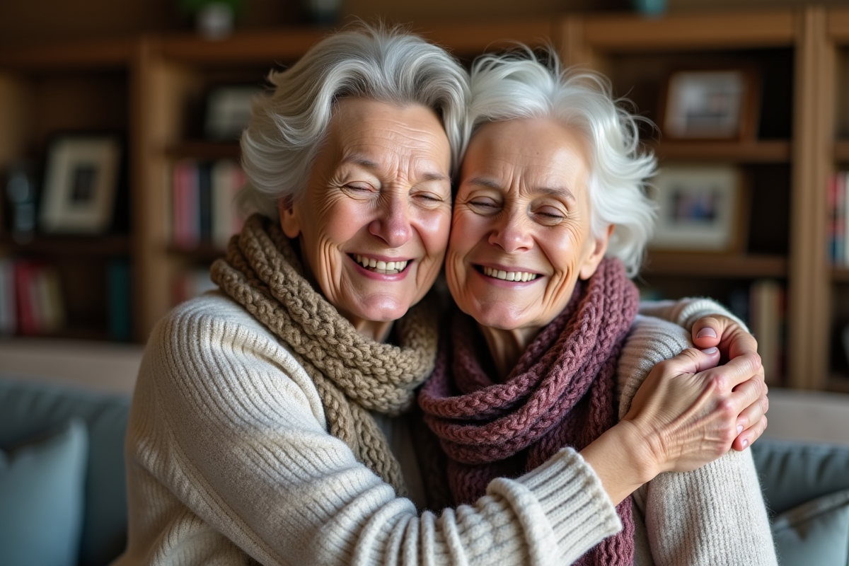 Deux femmes âgées souriant en se serrant dans un salon chaleureux