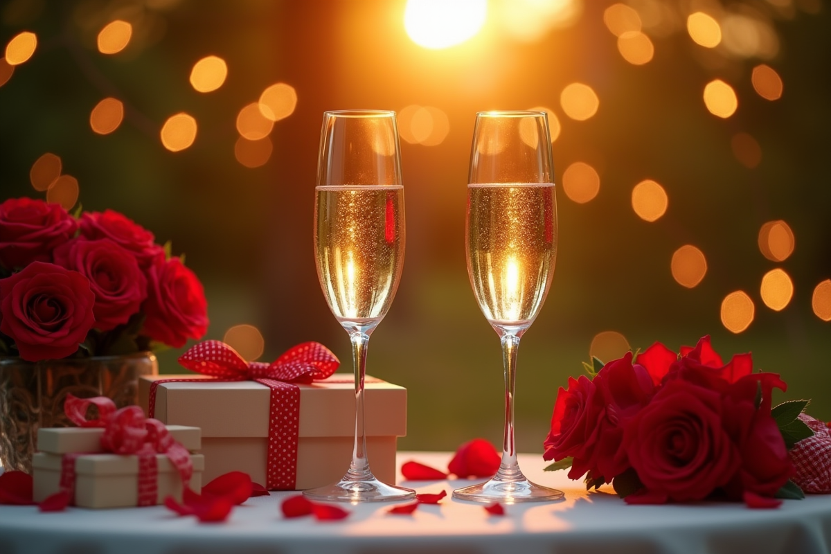 Dîner romantique en extérieur avec champagne et roses rouges