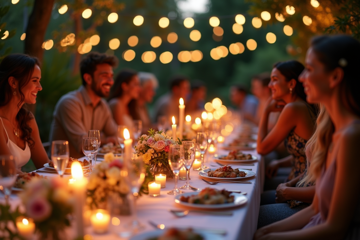 Soirée dîner en plein air avec table décorée en soirée