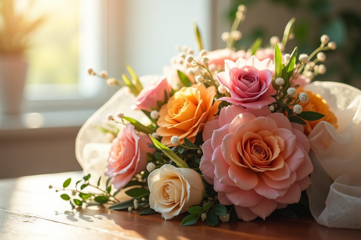 Zoom sur un arrangement floral sur une table en bois avec voile de mariée