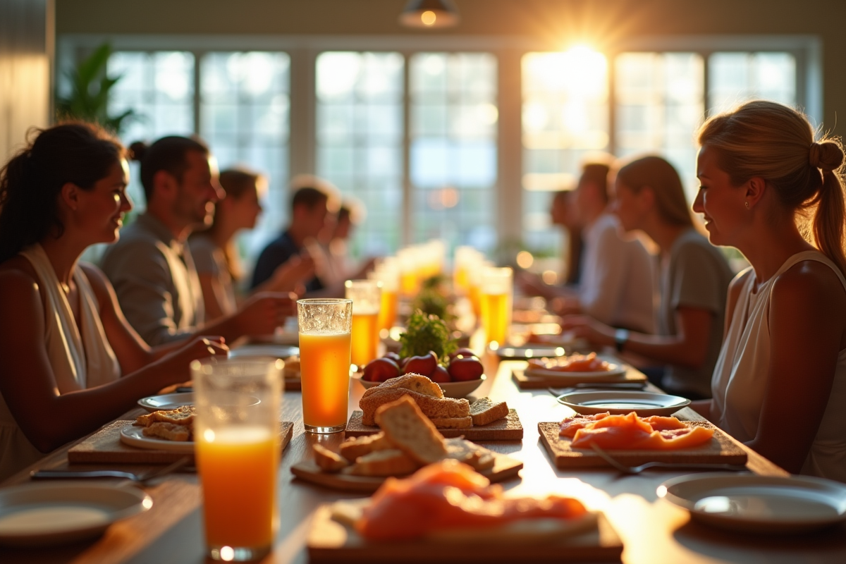 Salle à manger intérieure avec convives et plats variés