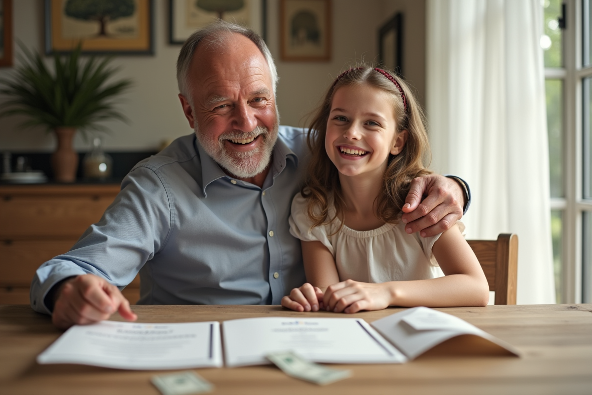 Père et fille souriants avec invitations de mariage et enveloppe élégante