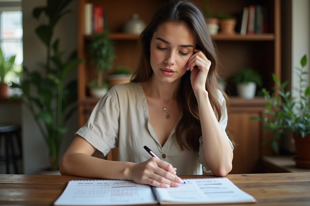 Femme regardant un calendrier de mariage à la maison