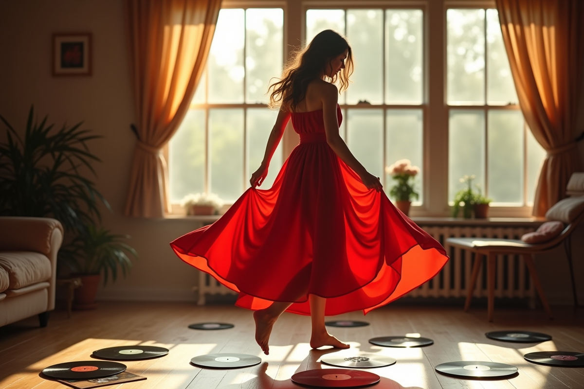 Femme en robe rouge dansant chez elle au matin