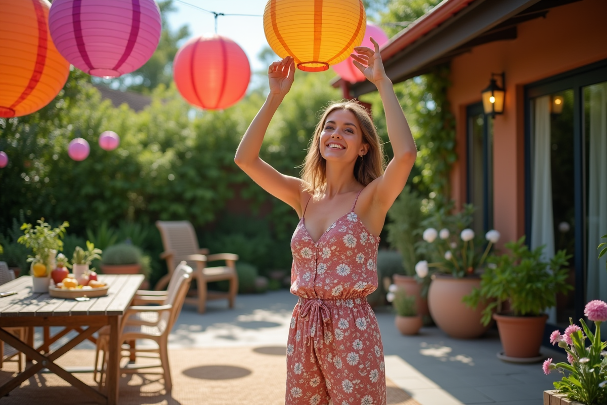Jeune femme arrangeant des décorations DIY dans un jardin