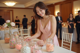 Jeune femme souriante arrangeant des dragées pastel en réception