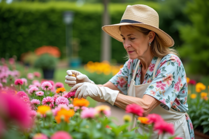 Femme en chapeau de paille et blouse florale arrangeant des fleurs