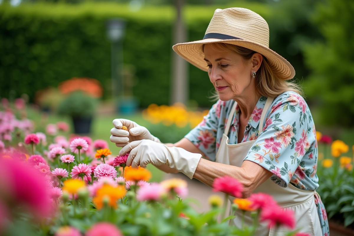 Femme en chapeau de paille et blouse florale arrangeant des fleurs