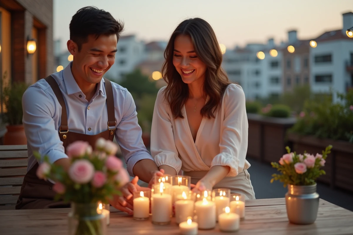 Jeune couple arrangeant un centre de table extérieur