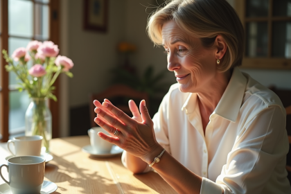 Femme élégante montrant sa bague de mariage en intérieur