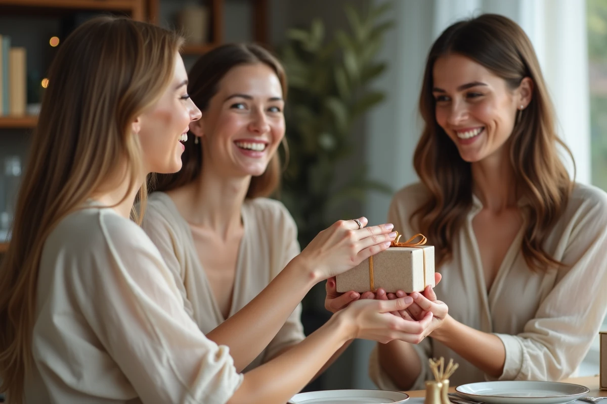 Femme souriante offrant un cadeau à une amie lors d'un repas