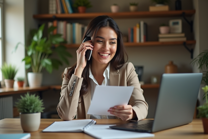 Femme souriante au téléphone dans son bureau cosy