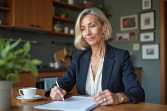 Femme d'âge moyen examine documents de pension et alliance