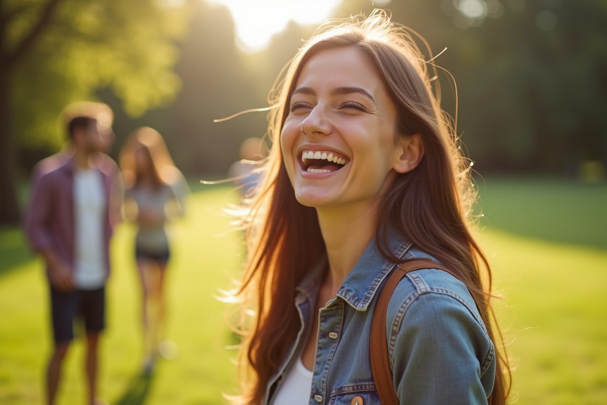 Femme riant avec ses amis dans un parc ensoleille