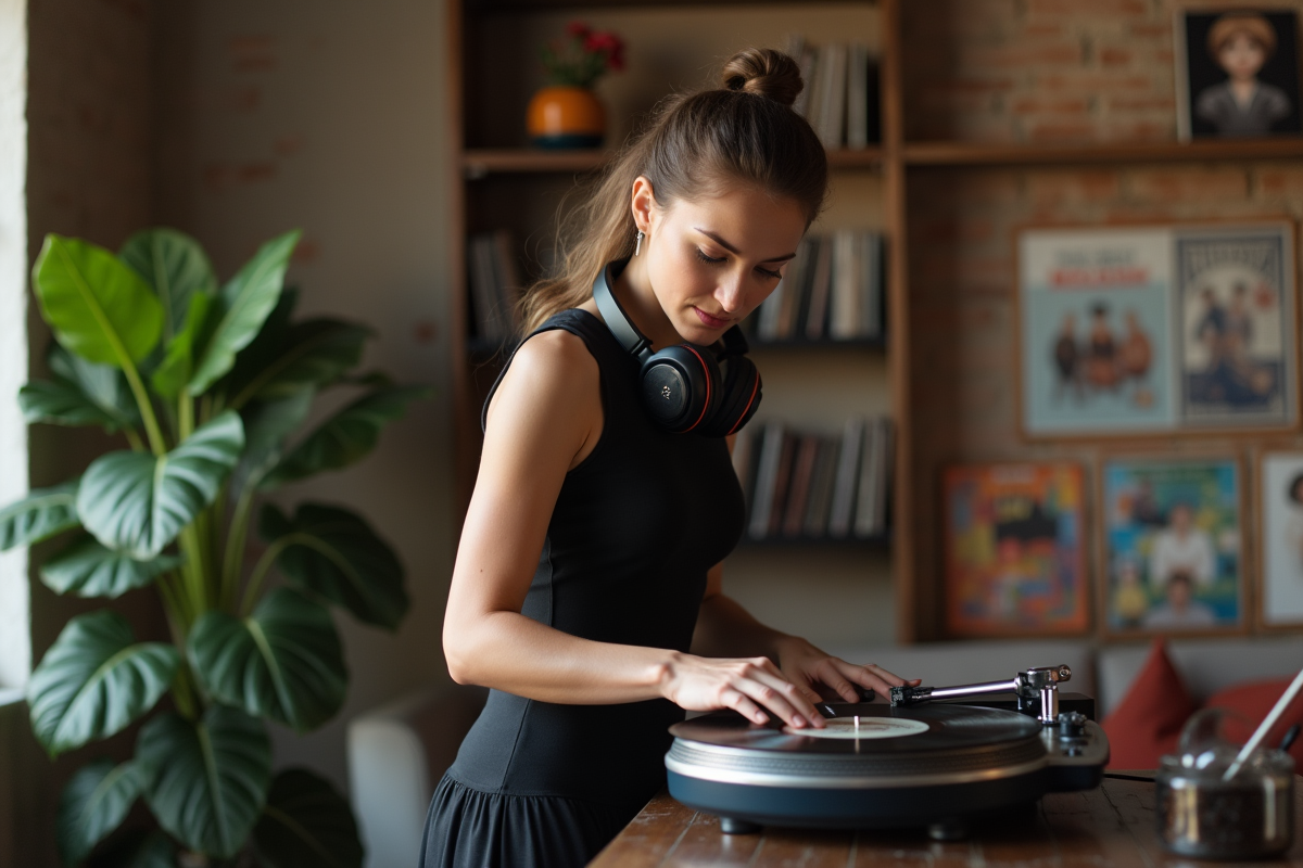Femme écoutant musique en tournant un vinyle dans un loft