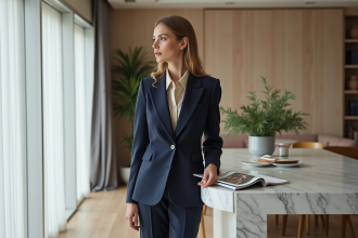 Femme élégante en costume bleu marine dans un intérieur moderne