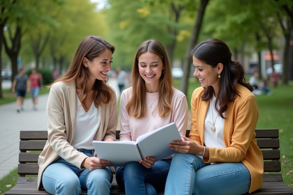 Trois femmes discutant de leur mariage dans un parc
