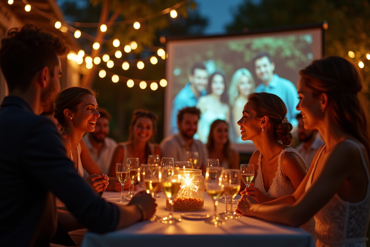 Fête de mariage en extérieur avec projection de photos d