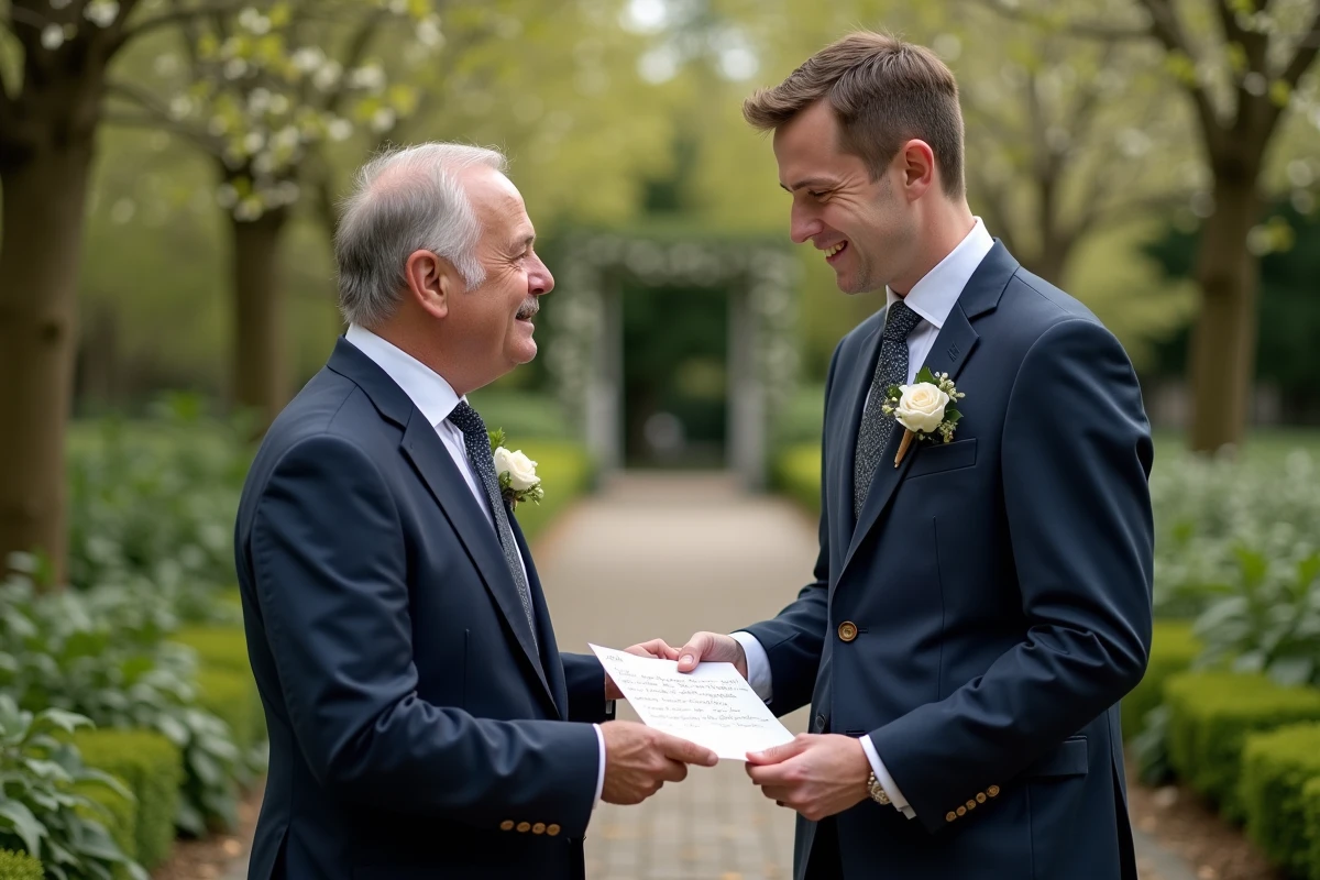 Homme lisant une note à son frère dans un jardin au printemps