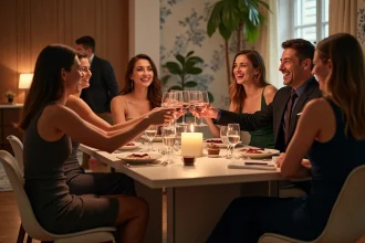 Groupe d'amis en cocktail autour d'une table moderne