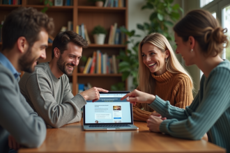 Groupe de quatre adultes souriants autour d'une table à discuter