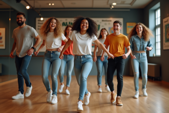 Jeunes adultes dansant dans un studio moderne pleine d'énergie