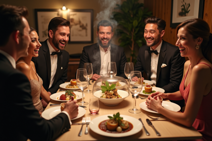 Groupe d'adultes élégants autour d'un plat créatif lors d'un dîner