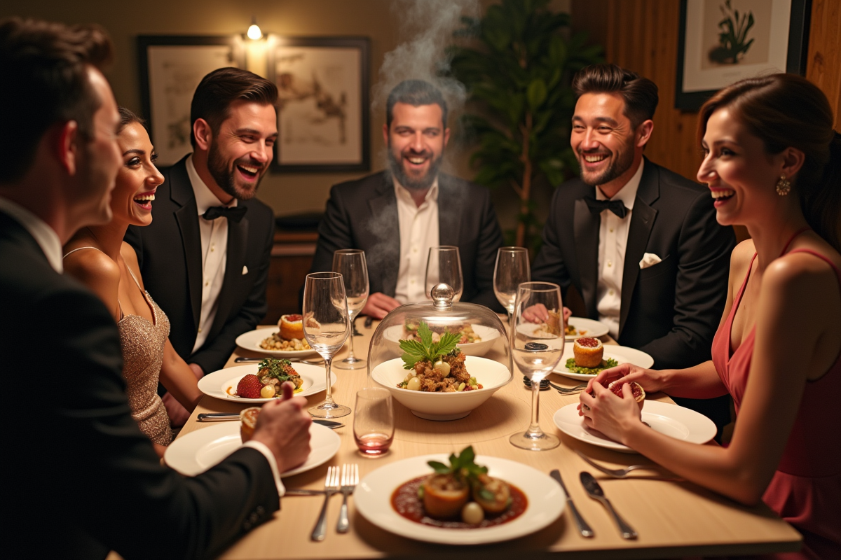 Groupe d'adultes élégants autour d'un plat créatif lors d'un dîner