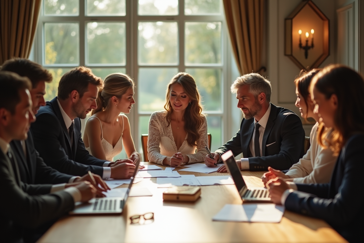 Groupe de personnes élégantes discutant mariage autour d'une table