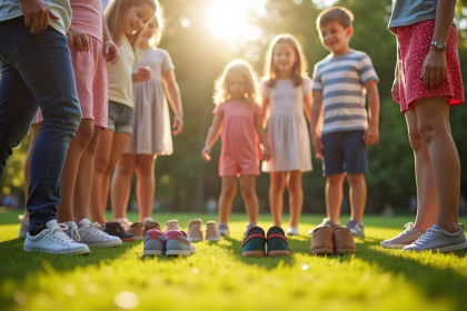 Enfants et adultes dans un parc souriants en enlevant leurs chaussures