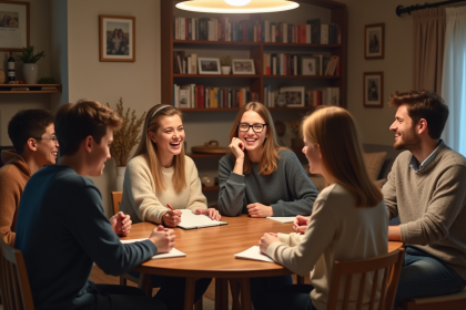 Groupe d'adultes et adolescents jouant au jeu des 12 mois dans un salon chaleureux