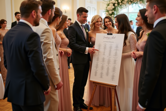 Groupe d'invités élégants examinant un plan de table mariage