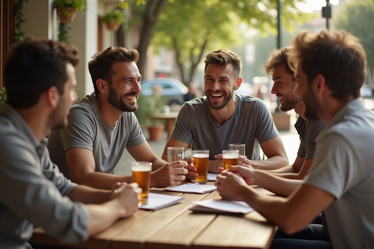 Groupe de jeunes riant autour d'une table en extérieur
