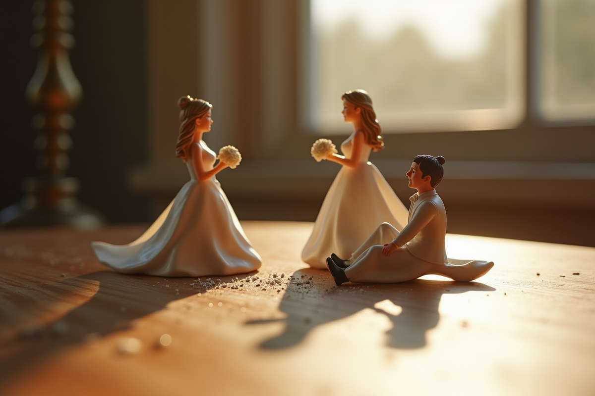 Figurines de gâteau de mariage cassées sur une table en bois avec lumière naturelle