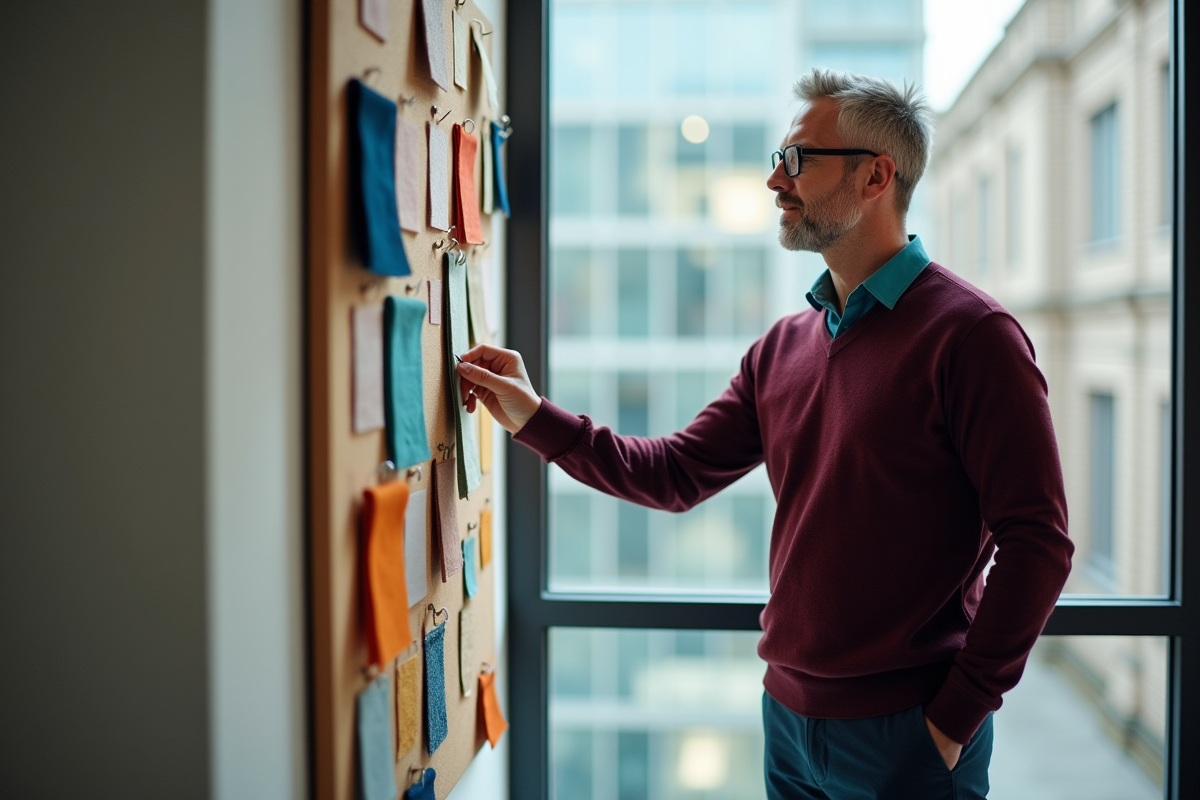 Homme en bureau pinçant des échantillons de tissu