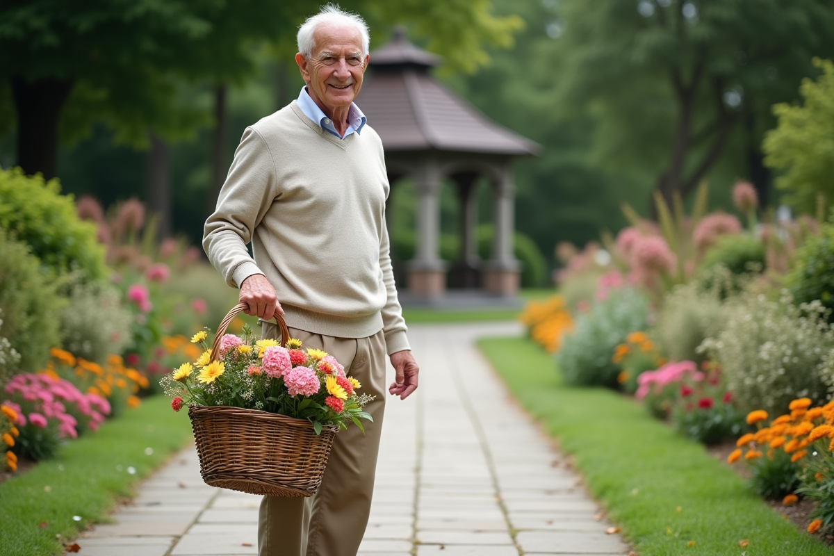Homme âgé tenant un panier de fleurs dans un jardin botanique