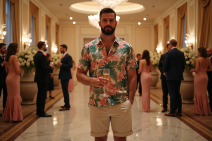 Jeune homme en chemise hawaienne lors d'un mariage élégant