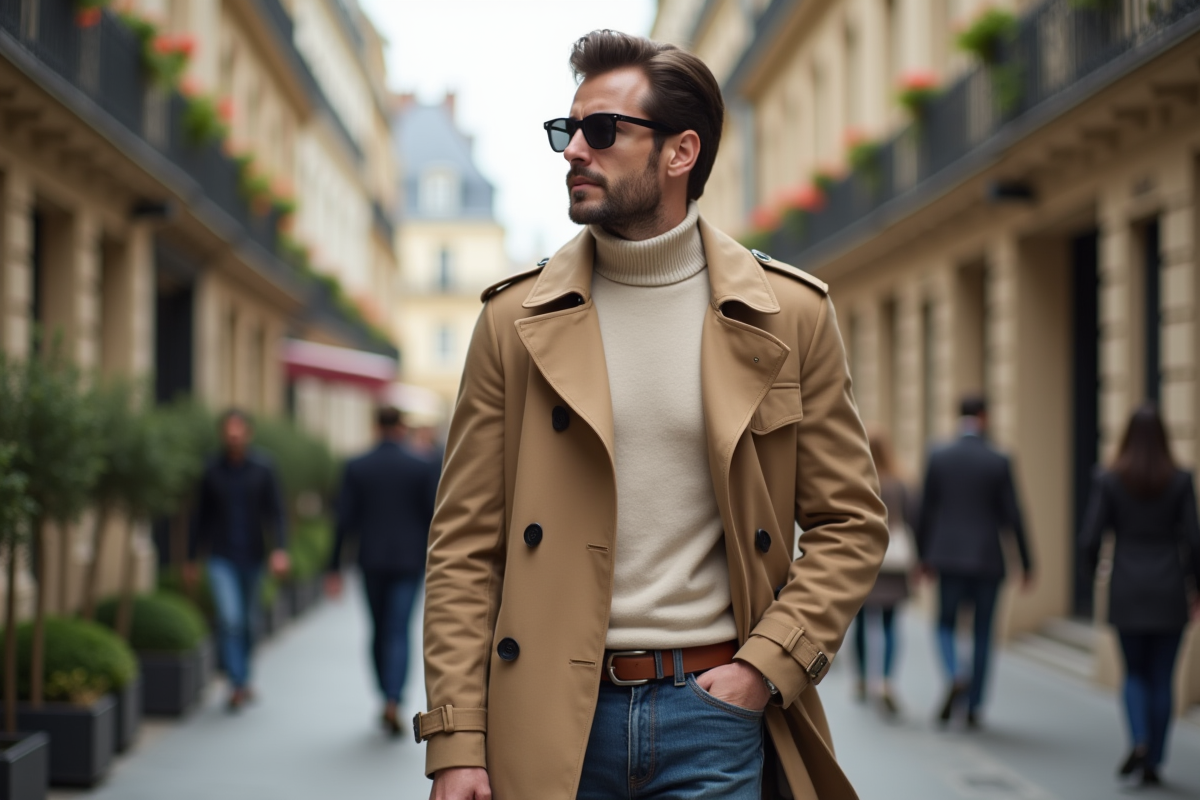 Homme en trench beige marchant dans une rue parisienne