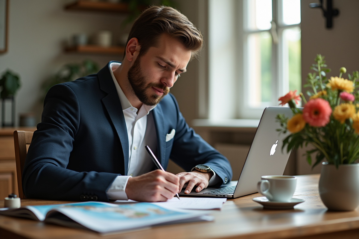 Homme assis à un bureau en bois avec ordinateur et brochures de voyage