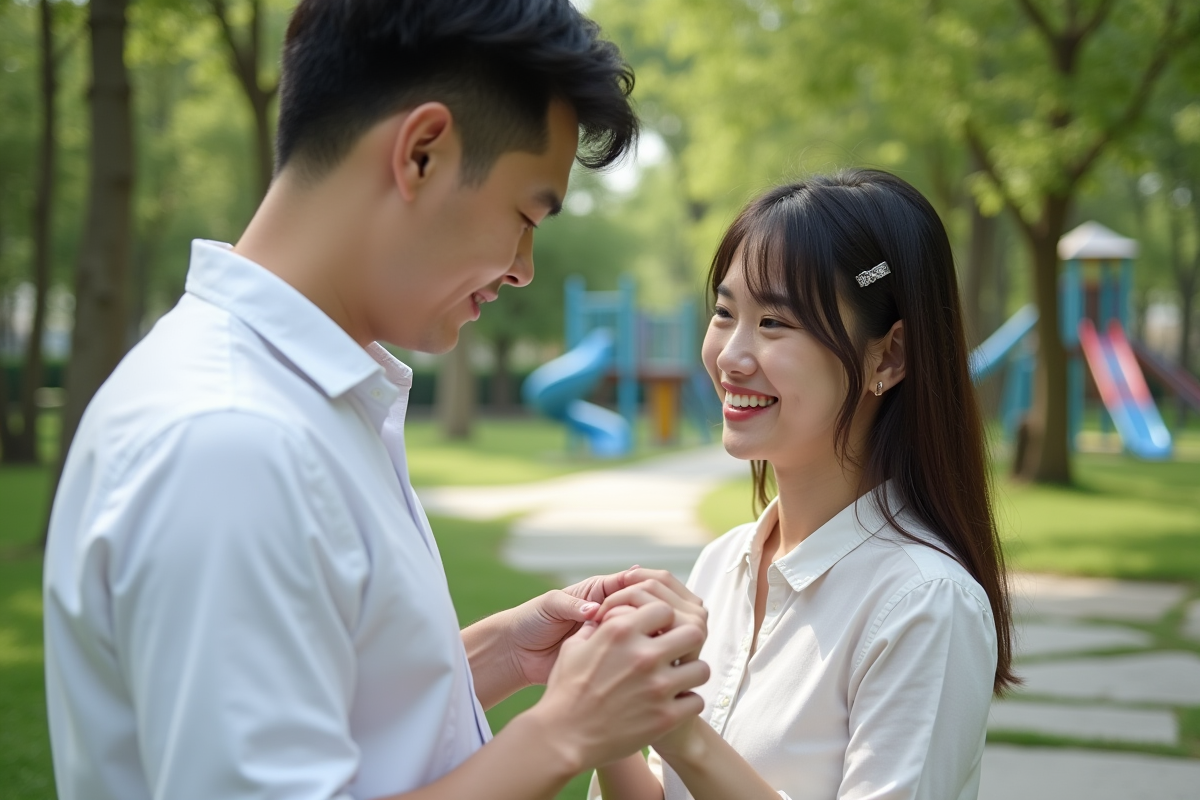 Jeune couple souriant avec bague de mariage en extérieur
