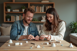 Jeune couple préparant des décorations de mariage à la maison