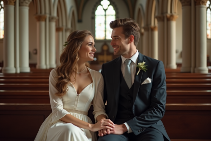 Jeune couple en tenue traditionnelle dans une cathédrale
