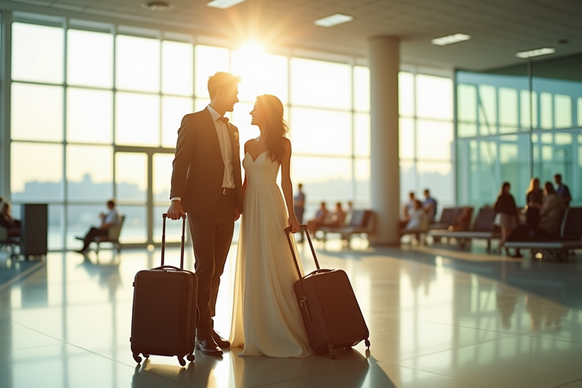 Jeune couple de mariés à l'aéroport avec valises ensoleillées
