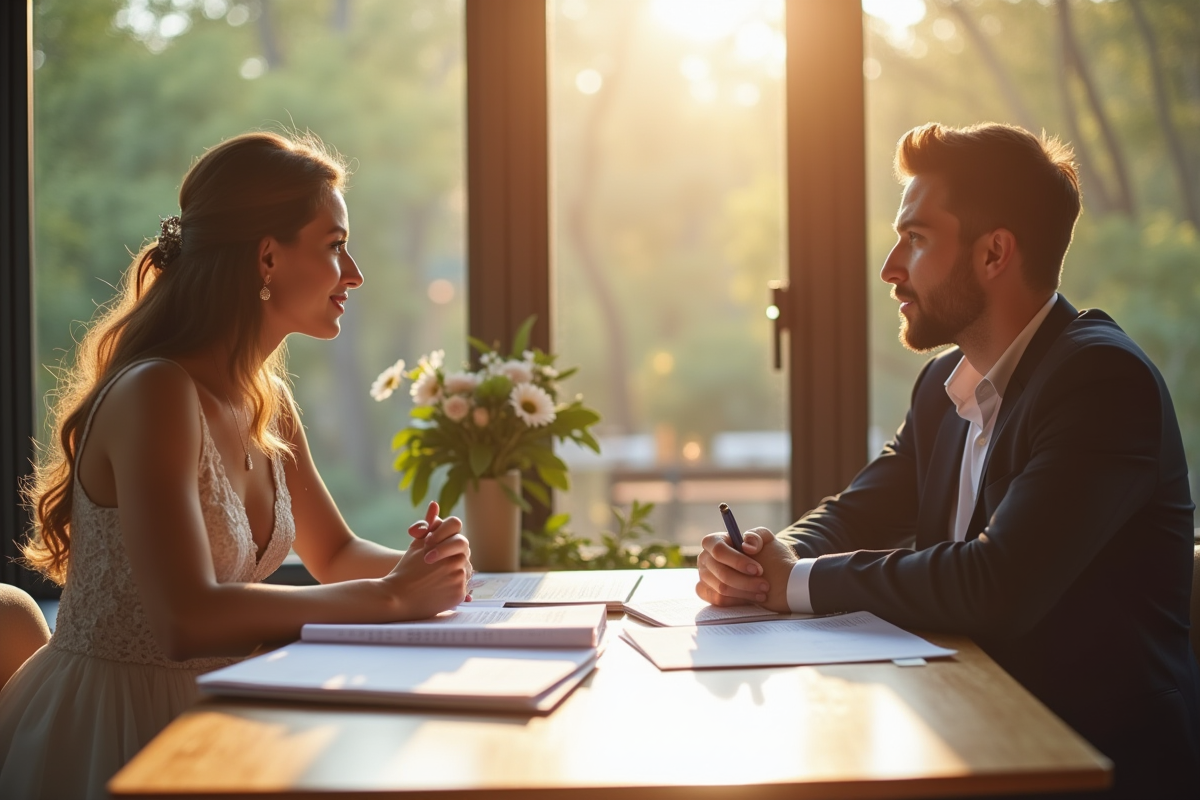 Jeune couple marié discutant budget mariage avec conseiller