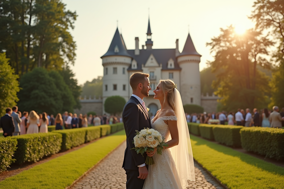 Jeune couple marié devant un château allemand en plein jour