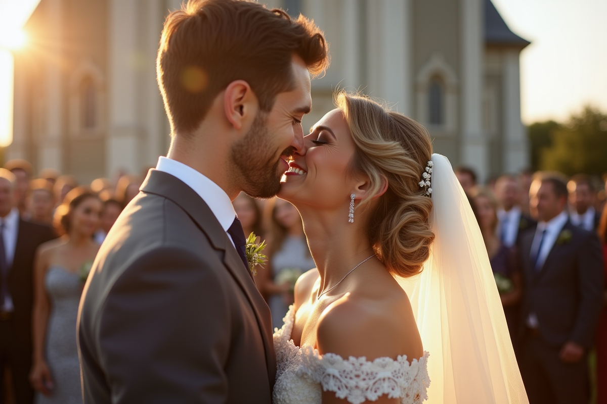 Jeune couple marié s'embrassant devant l'église en plein jour