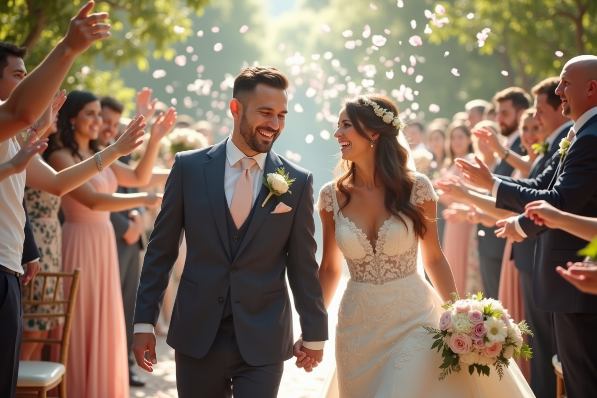 Jeune couple de mariés souriants marchant main dans la main lors d'un mariage