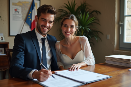 Jeune couple marié dans une mairie française examine des documents